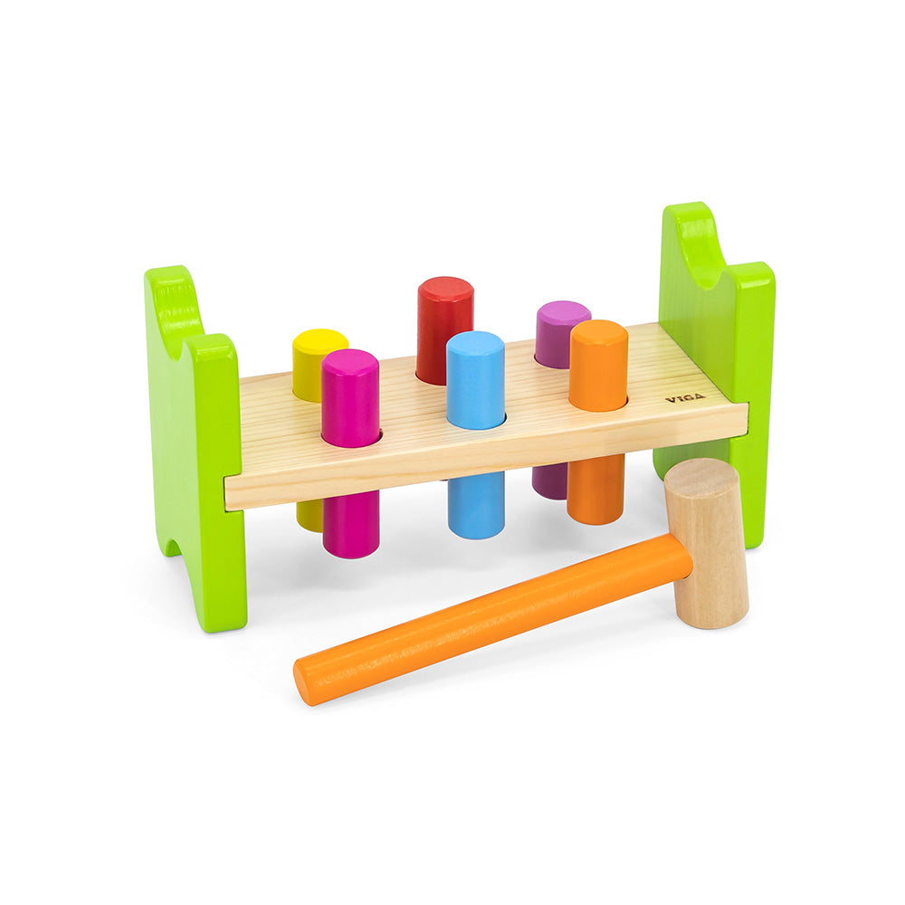 Viga Classic Wooden Pounding Bench - 8-Piece Color Sorting Hammer Toy with Friction Rings