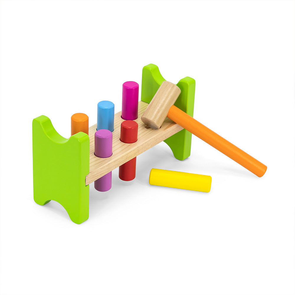 Viga Classic Wooden Pounding Bench - 8-Piece Color Sorting Hammer Toy with Friction Rings