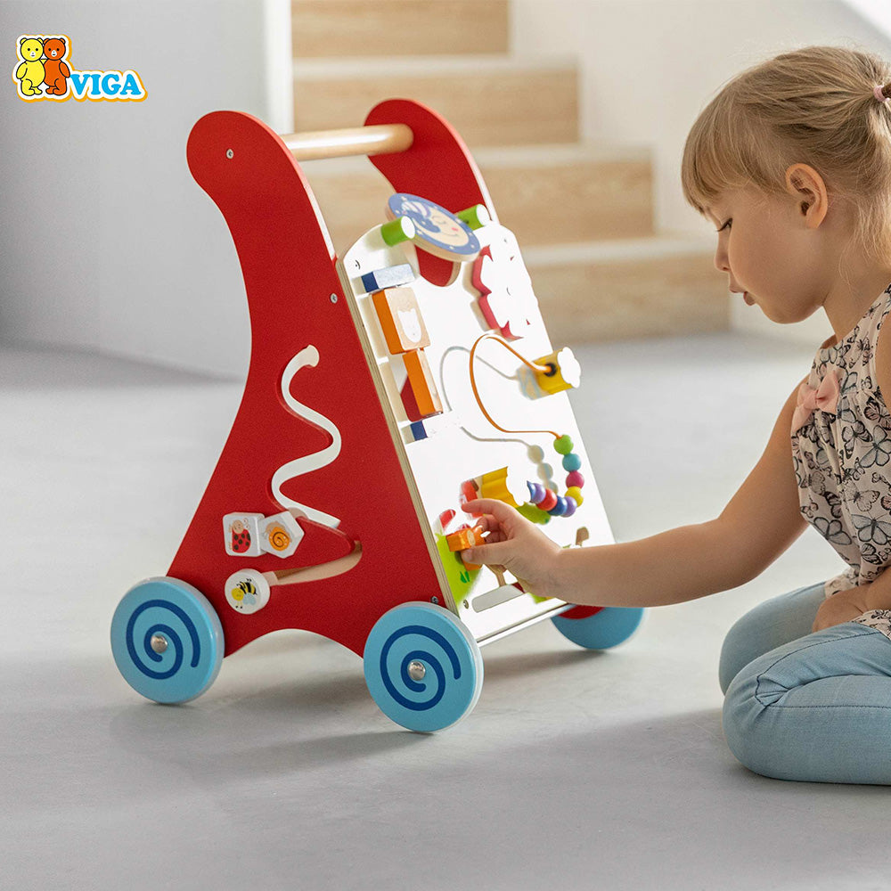 Viga Multi-Functional Red Wooden Walker - Anti-Tip DIY Activity Push Cart
