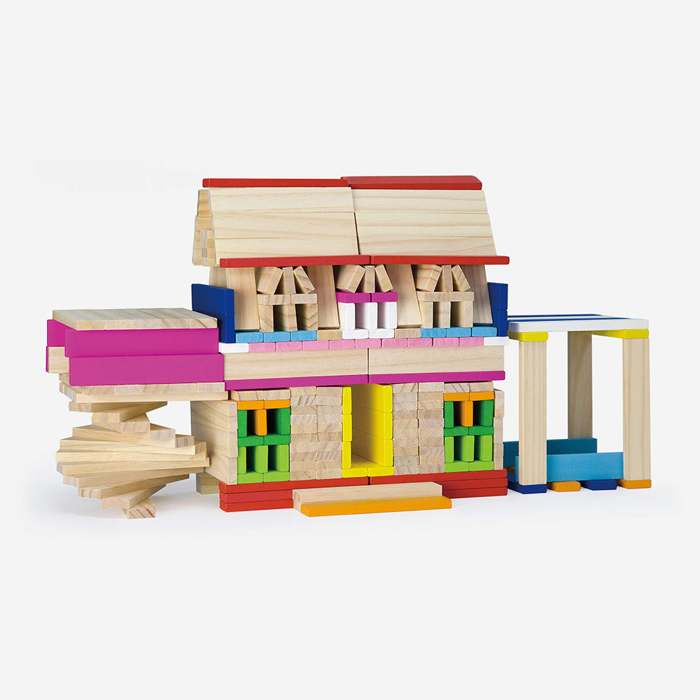 Viga 250-Piece Pine Wood Stacking Planks Set - Colorful Montessori Building Blocks