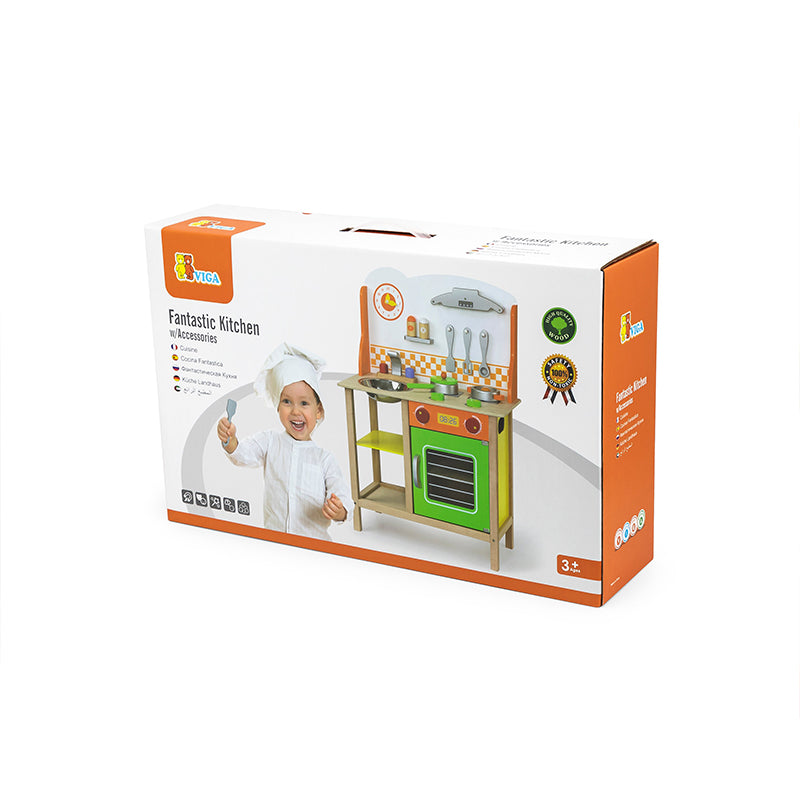 Viga Classic Wooden Play Kitchen - 10-Piece Ready-to-Assemble Activity Center