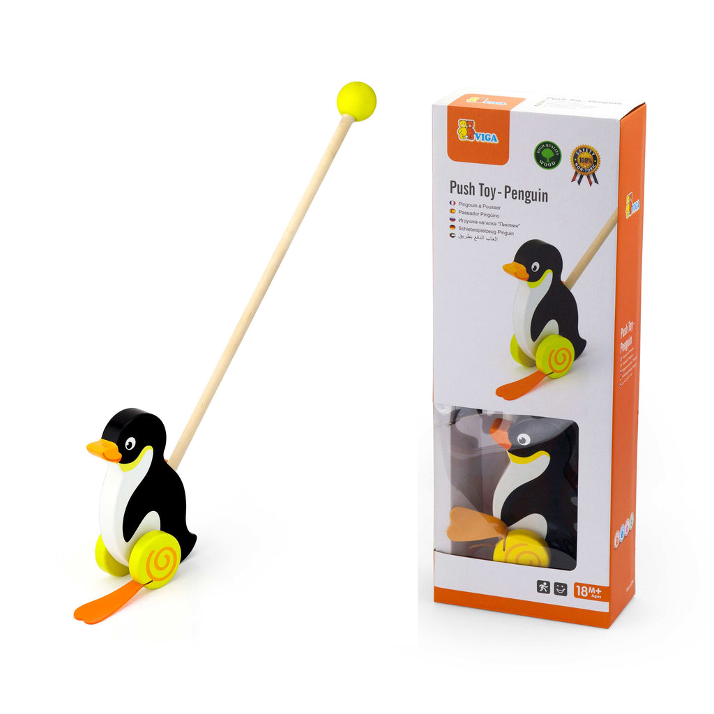 Viga Wooden Penguin Push-Along Toy - Rhythmic Waddle Walking Toy for Toddlers