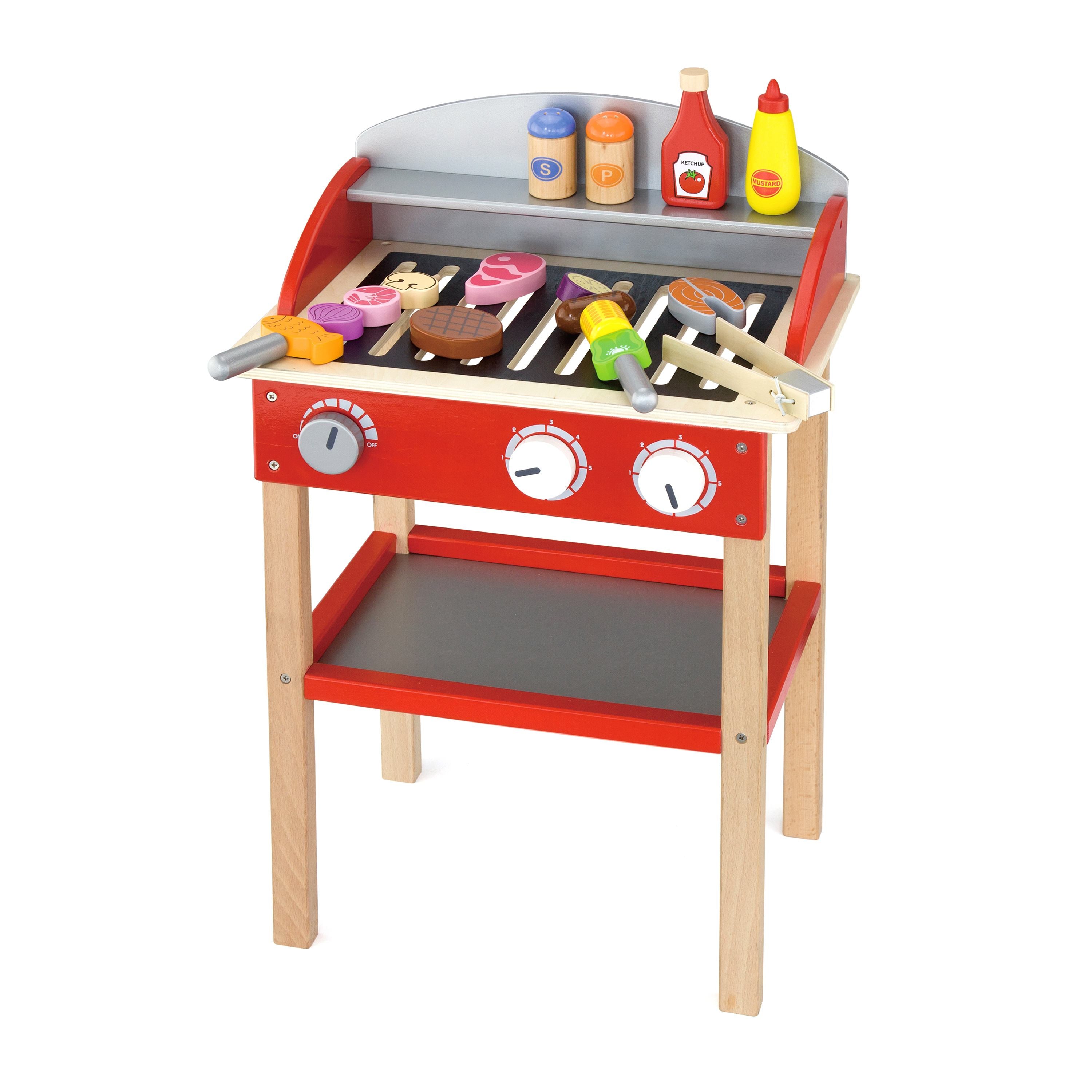 Viga Wooden Standing BBQ Grill Playset - 20-Piece Interactive Sizzling Grilling Station