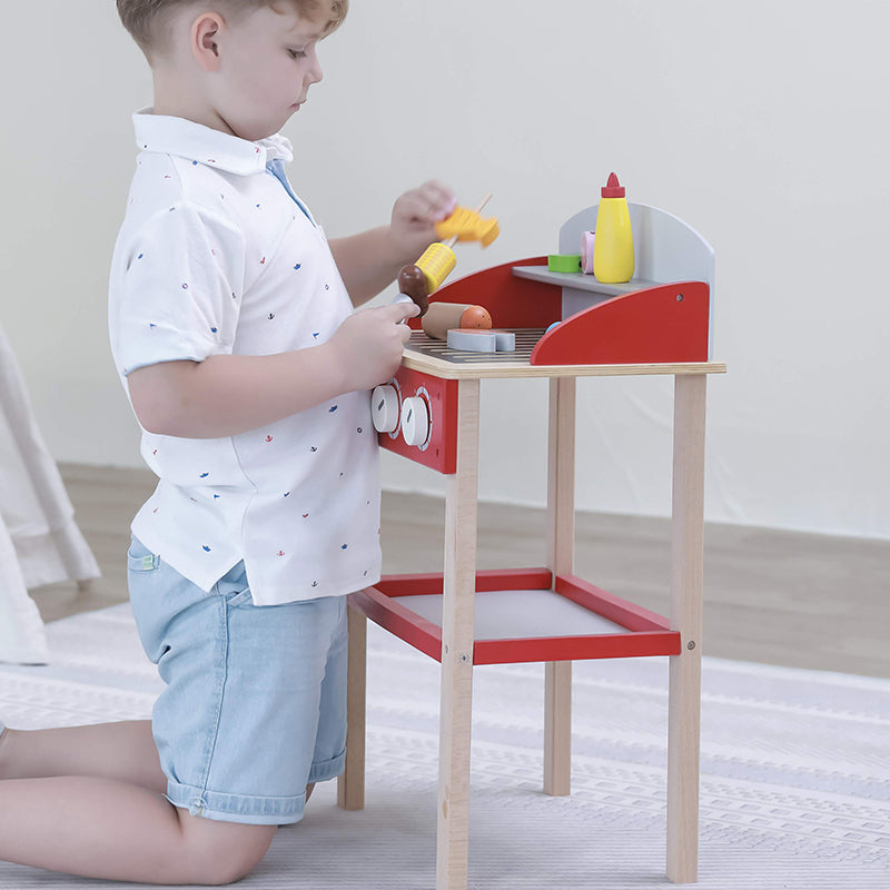 Viga Wooden Standing BBQ Grill Playset - 20-Piece Interactive Sizzling Grilling Station