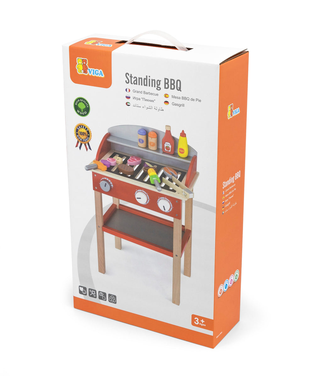 Viga Wooden Standing BBQ Grill Playset - 20-Piece Interactive Sizzling Grilling Station