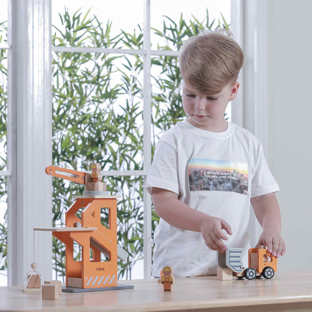 Viga Wooden Crane & Construction Vehicle Set - Montessori Engineering & Physics Play