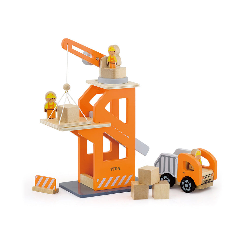 Viga Wooden Crane & Construction Vehicle Set - Montessori Engineering & Physics Play