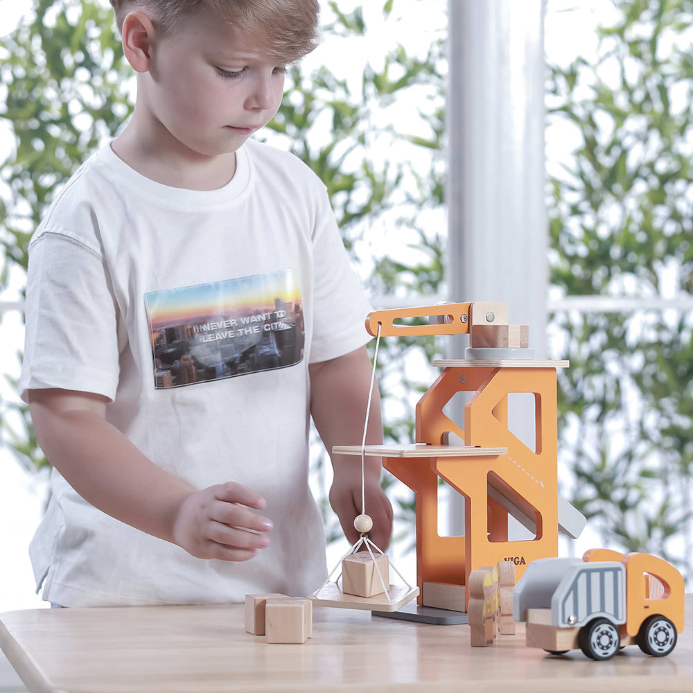 Viga Wooden Crane & Construction Vehicle Set - Montessori Engineering & Physics Play