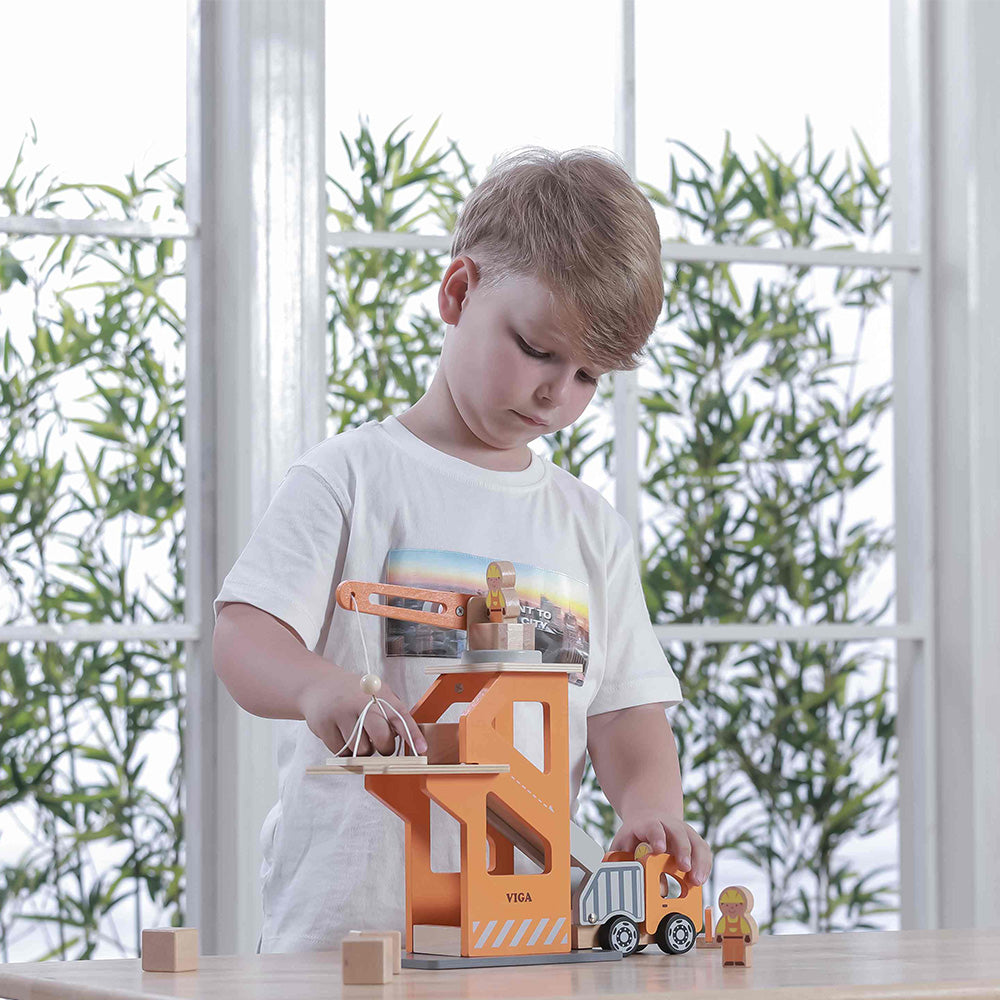 Viga Wooden Crane & Construction Vehicle Set - Montessori Engineering & Physics Play