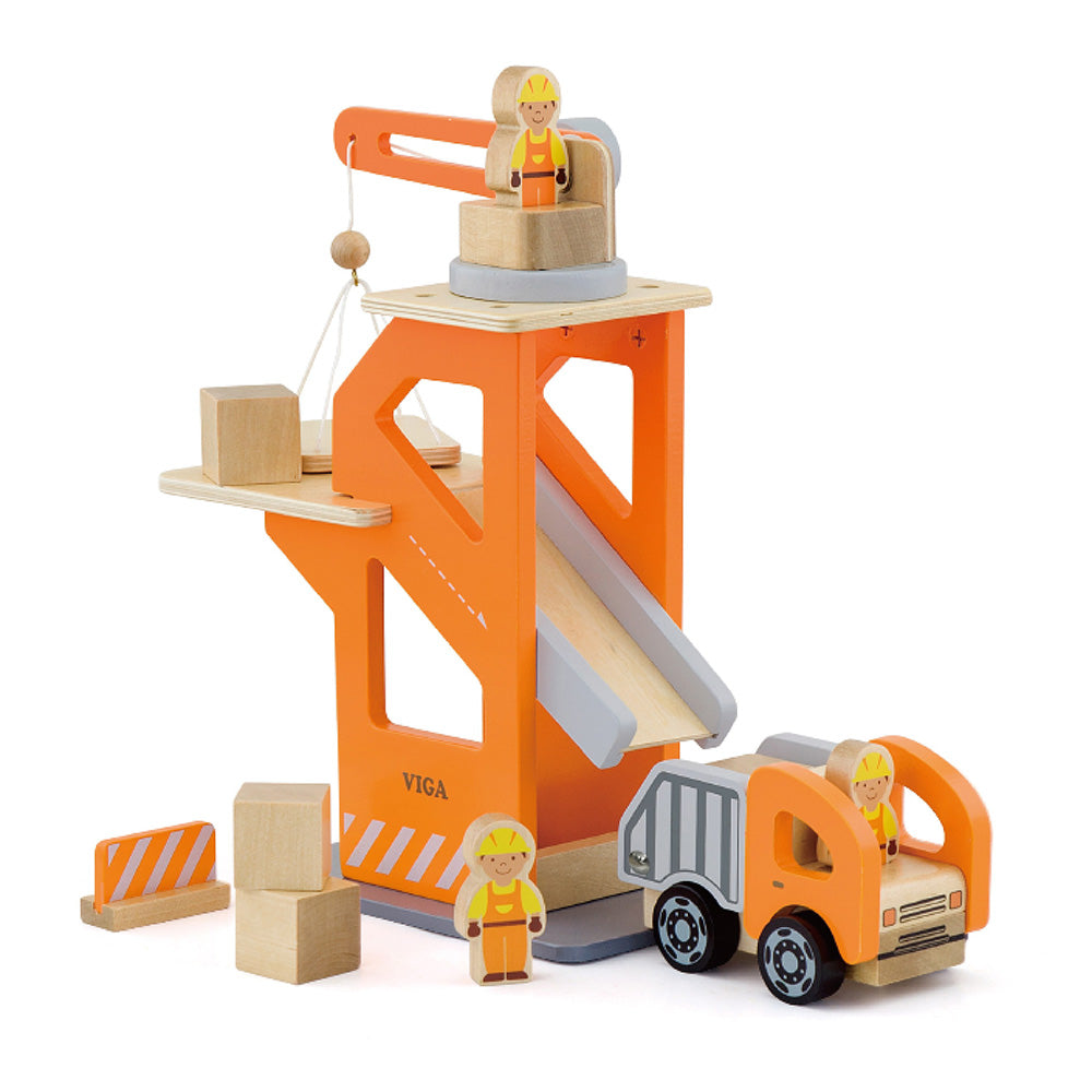 Viga Wooden Crane & Construction Vehicle Set - Montessori Engineering & Physics Play