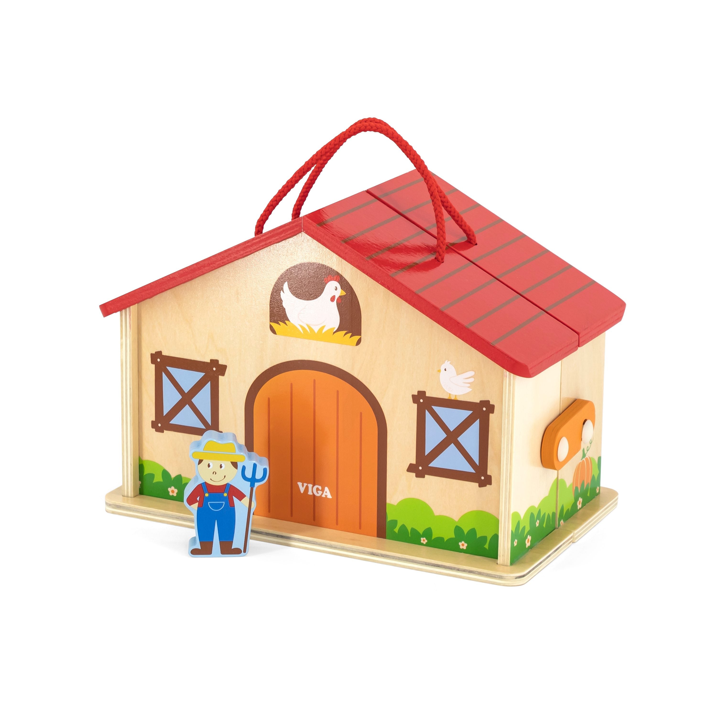 Viga Foldable Wooden Farmhouse Playset - Portable Carry Case with 6 Animals & Tractor
