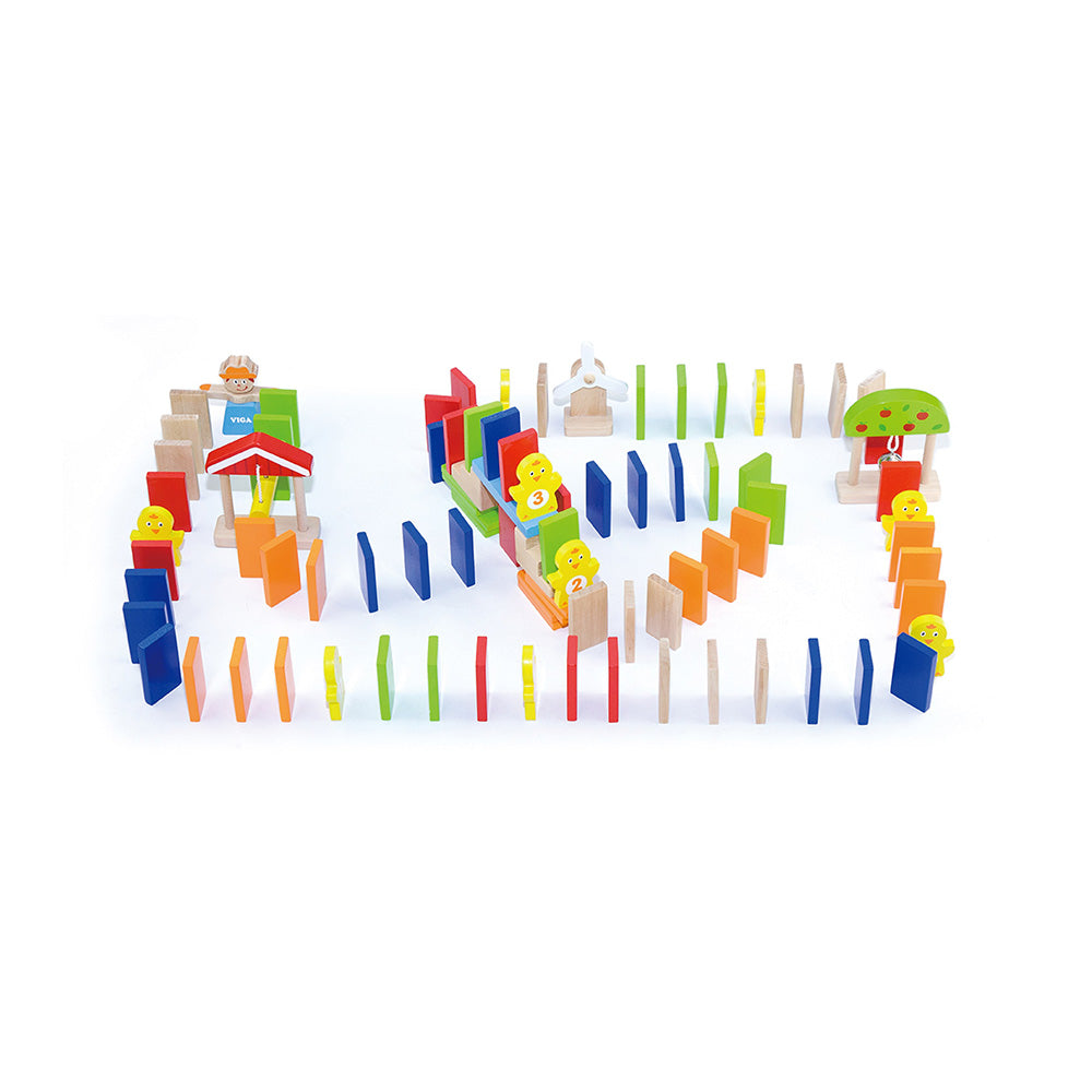 Viga 116-Piece Wooden Domino Run Set - Interactive Chain Reaction Toy with Hammer & Bell