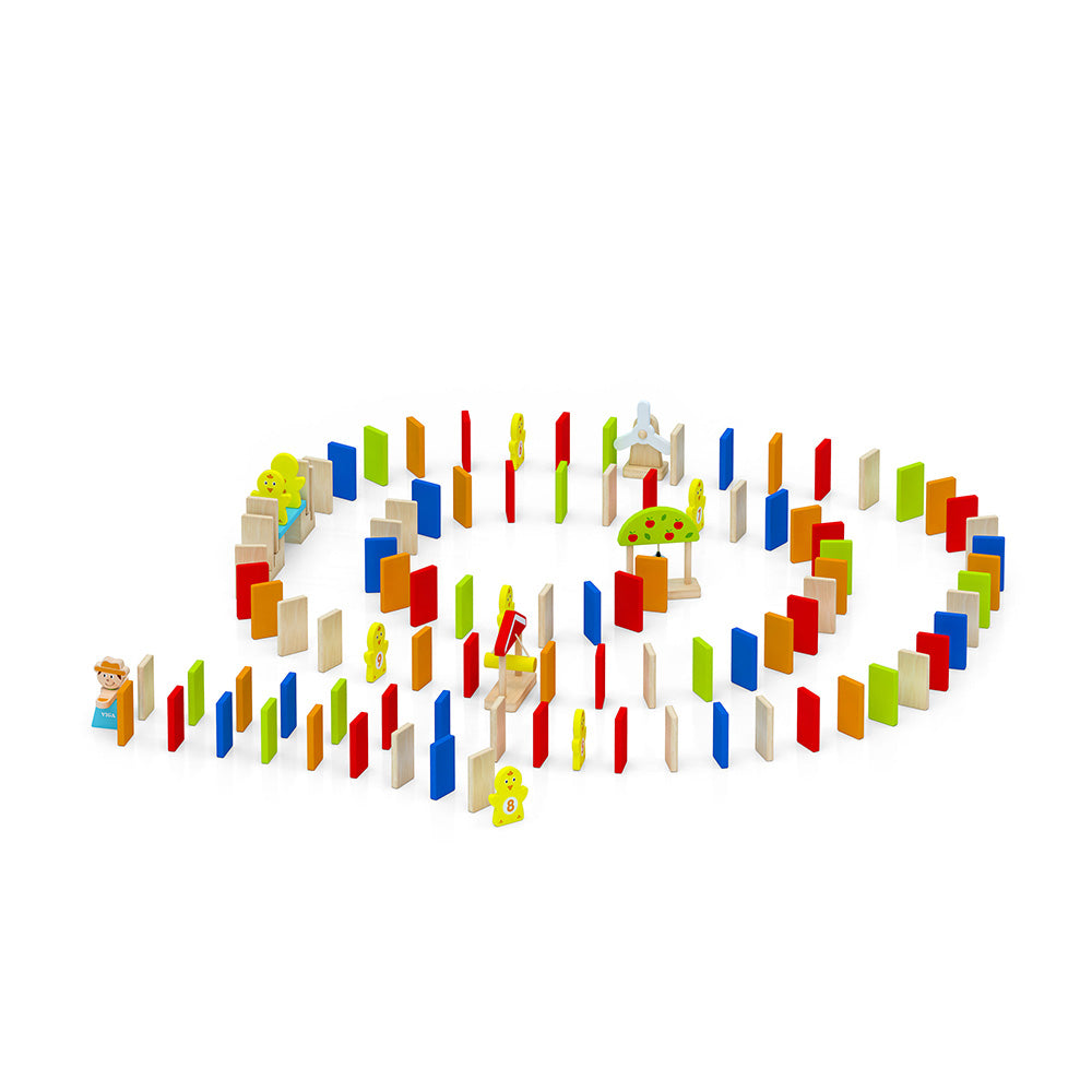 Viga 116-Piece Wooden Domino Run Set - Interactive Chain Reaction Toy with Hammer & Bell