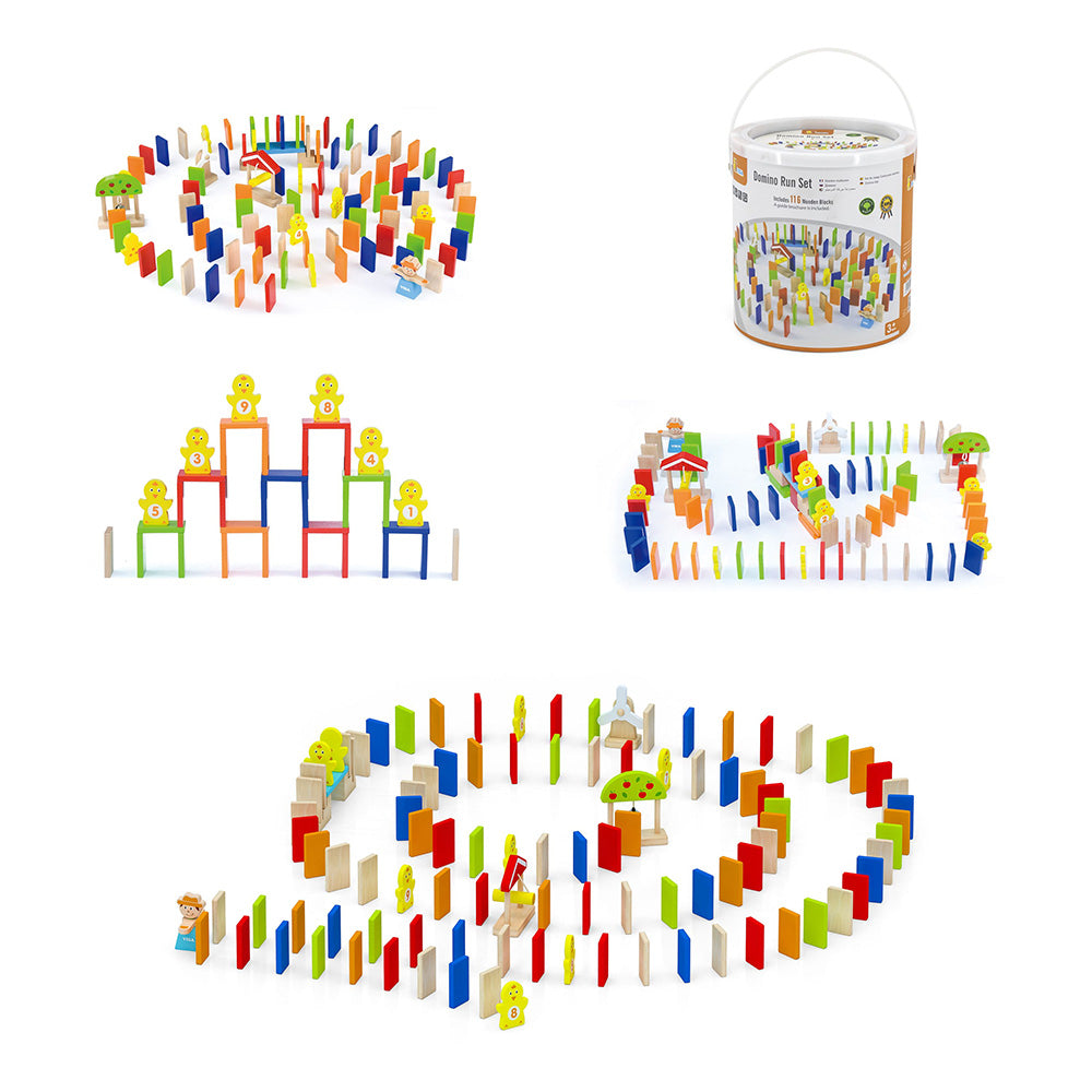 Viga 116-Piece Wooden Domino Run Set - Interactive Chain Reaction Toy with Hammer & Bell
