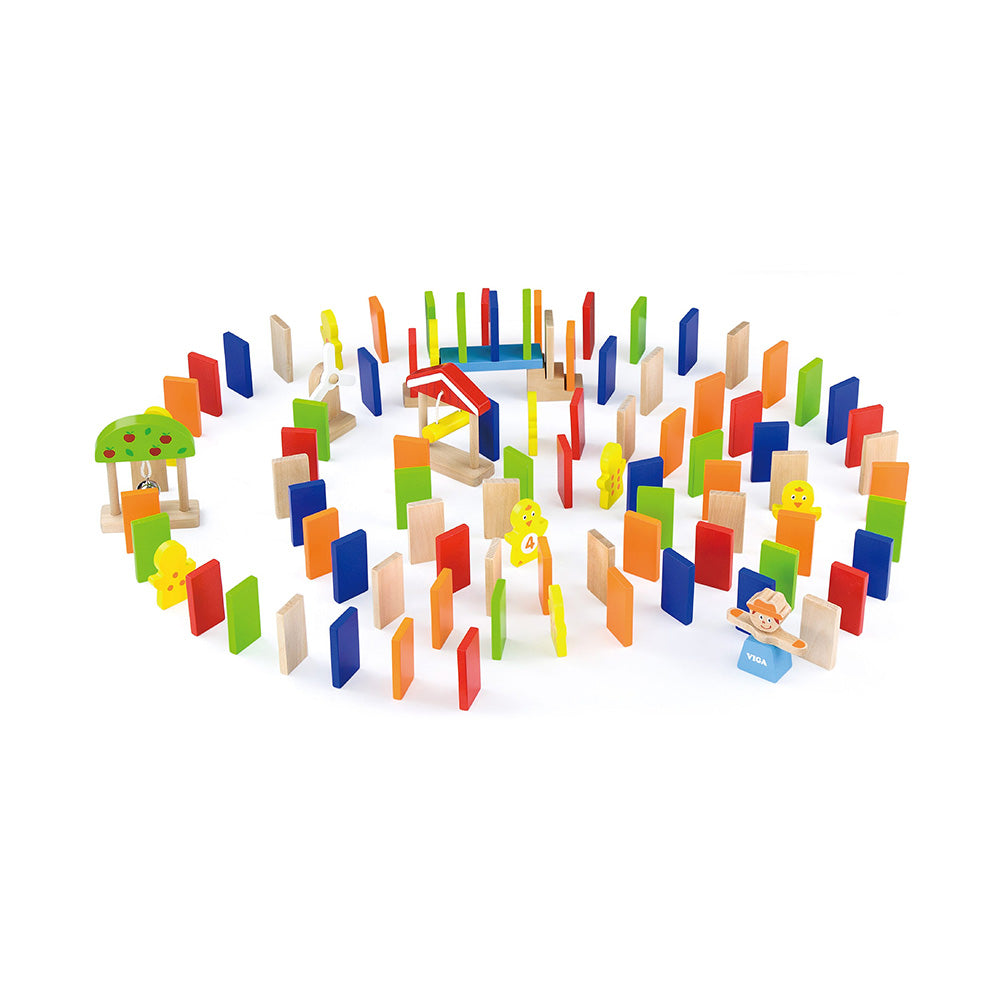 Viga 116-Piece Wooden Domino Run Set - Interactive Chain Reaction Toy with Hammer & Bell