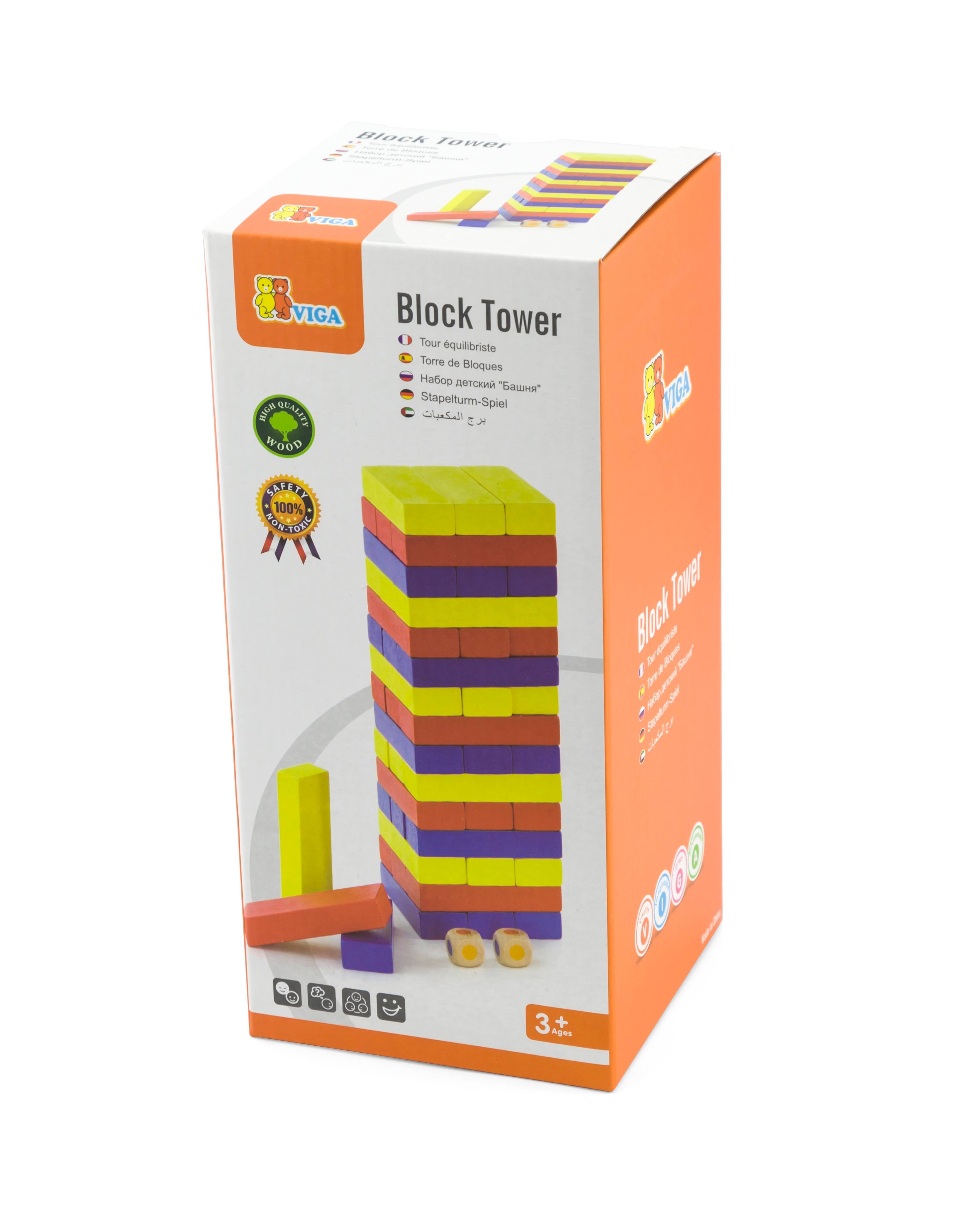 Viga Classic Wooden Tumble Tower - 49pc Color-Matching Stacking Game
