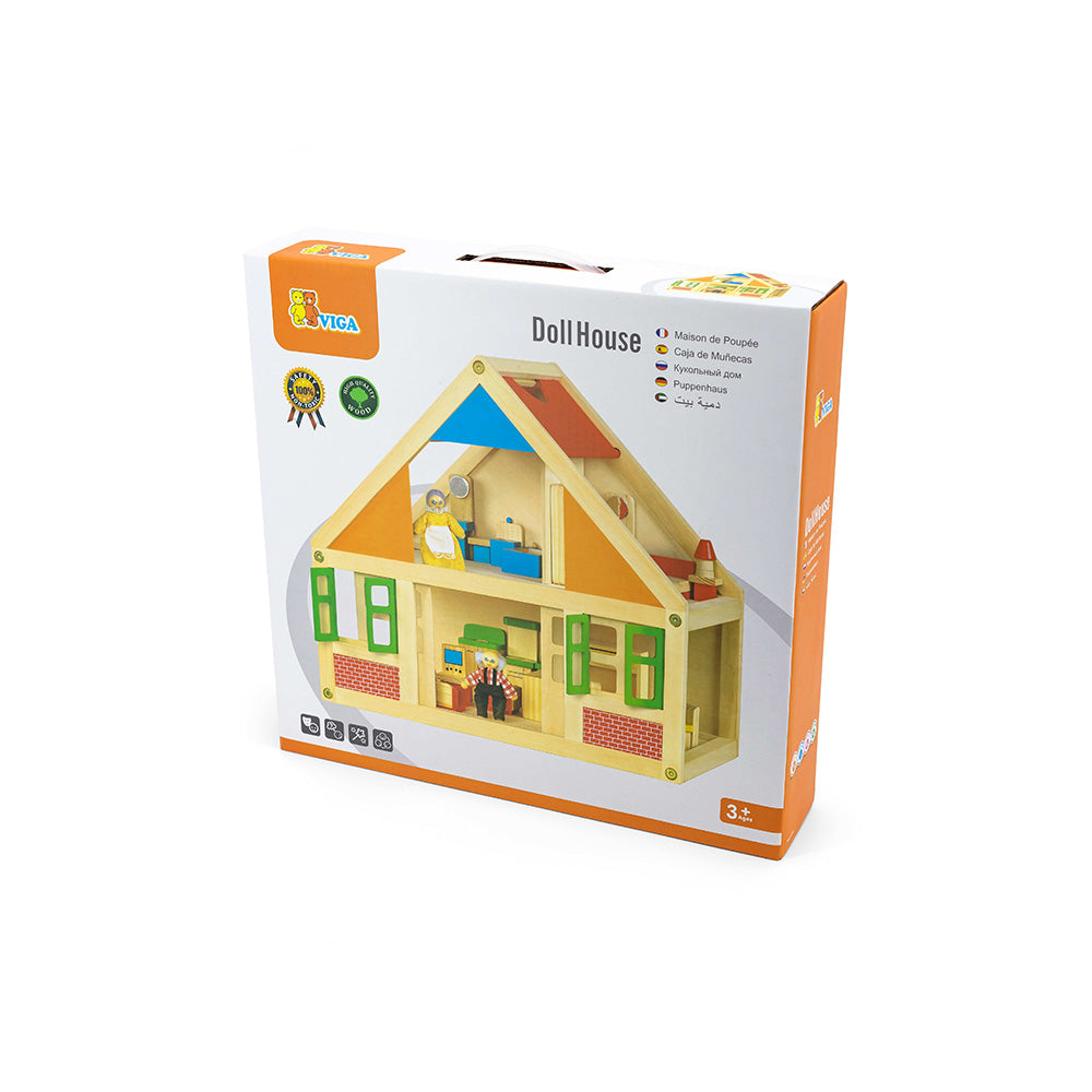 Viga Classic Wooden Dollhouse Set - Portable 2-Story Playhouse with 24-Piece Furniture & Figures