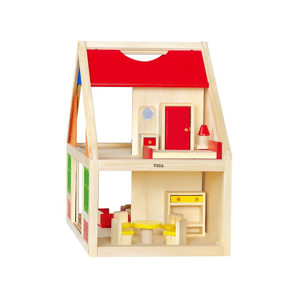 Viga Classic Wooden Dollhouse Set - Portable 2-Story Playhouse with 24-Piece Furniture & Figures