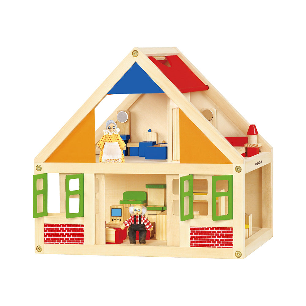 Viga Classic Wooden Dollhouse Set - Portable 2-Story Playhouse with 24-Piece Furniture & Figures