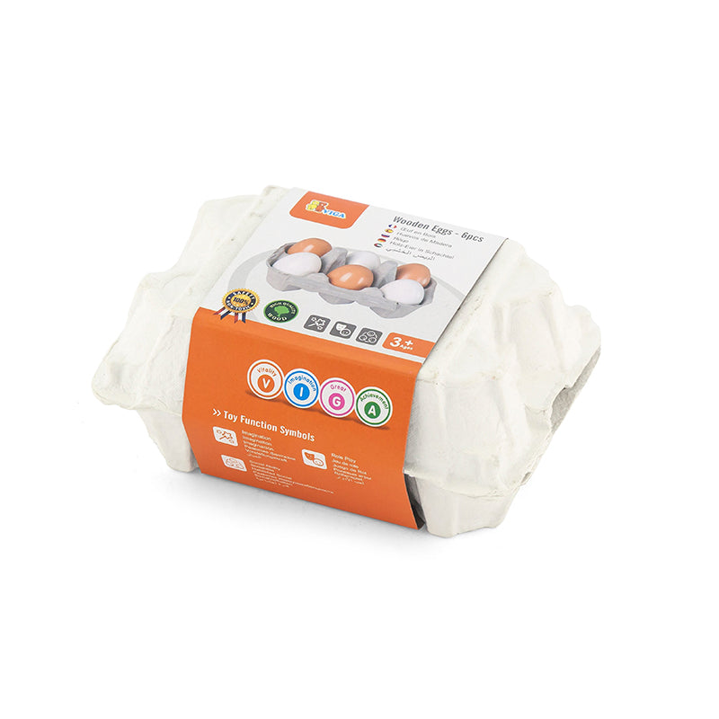 Viga 6-Piece Wooden Egg Carton Set - Realistic Brown & White Montessori Play Food