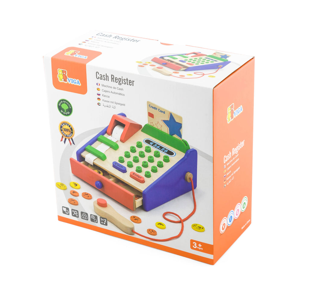 Viga 44-Piece Mini Wooden Cash Register Set - Montessori Math & Money Learning Toy