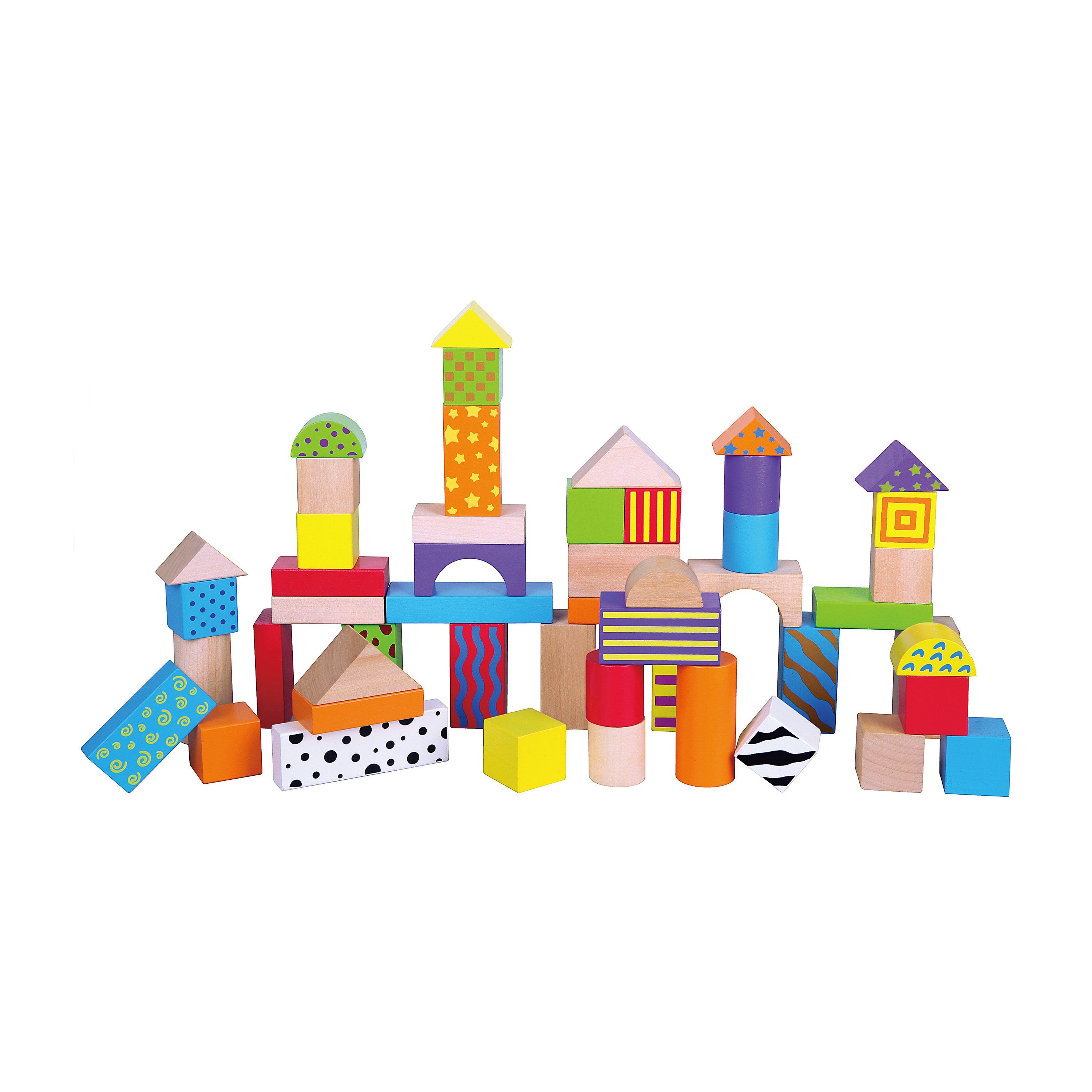 Viga 50-Piece Classic Colorful Wooden Blocks with Storage Bucket - Montessori Stacking Toy