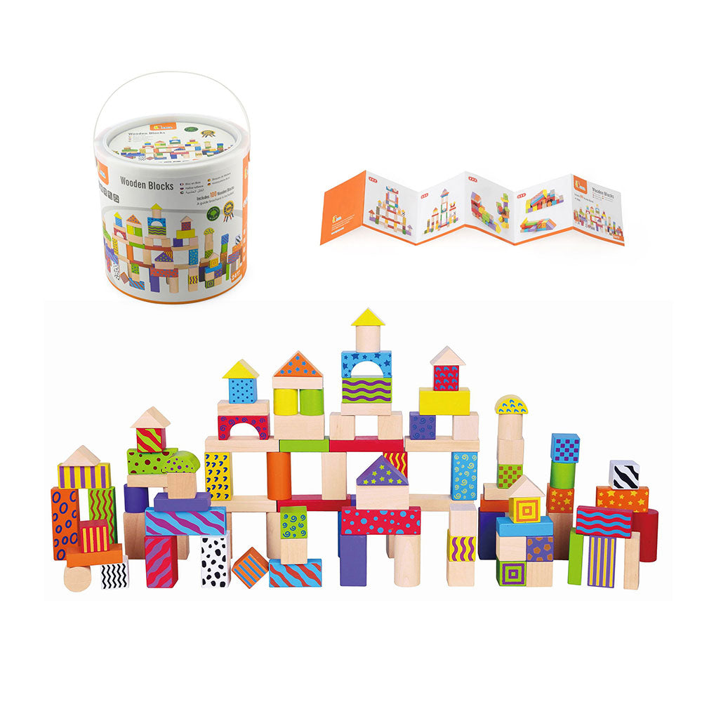 Viga 100-Piece Classic Colorful Wooden Blocks - Deluxe Montessori Open-Ended Construction Set