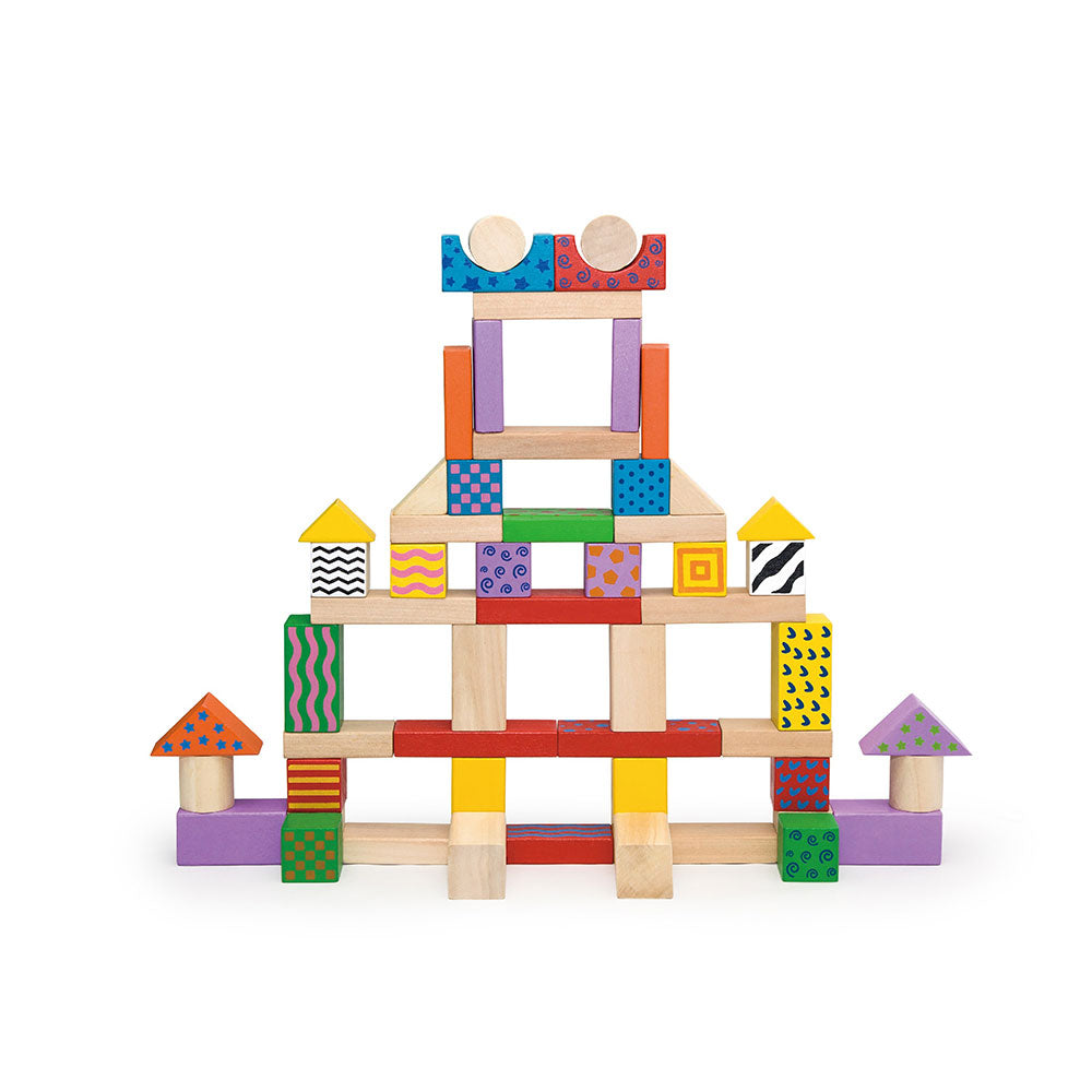 Viga 100-Piece Classic Colorful Wooden Blocks - Deluxe Montessori Open-Ended Construction Set