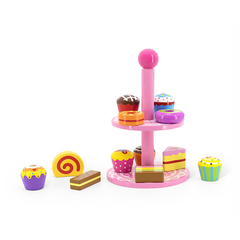 Viga 13-Piece 2-Tier Wooden Cupcake Stand & Dessert Set - Montessori Tea Party Toy