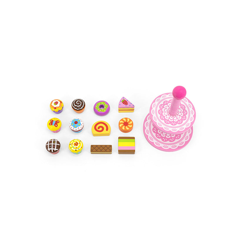 Viga 13-Piece 2-Tier Wooden Cupcake Stand & Dessert Set - Montessori Tea Party Toy