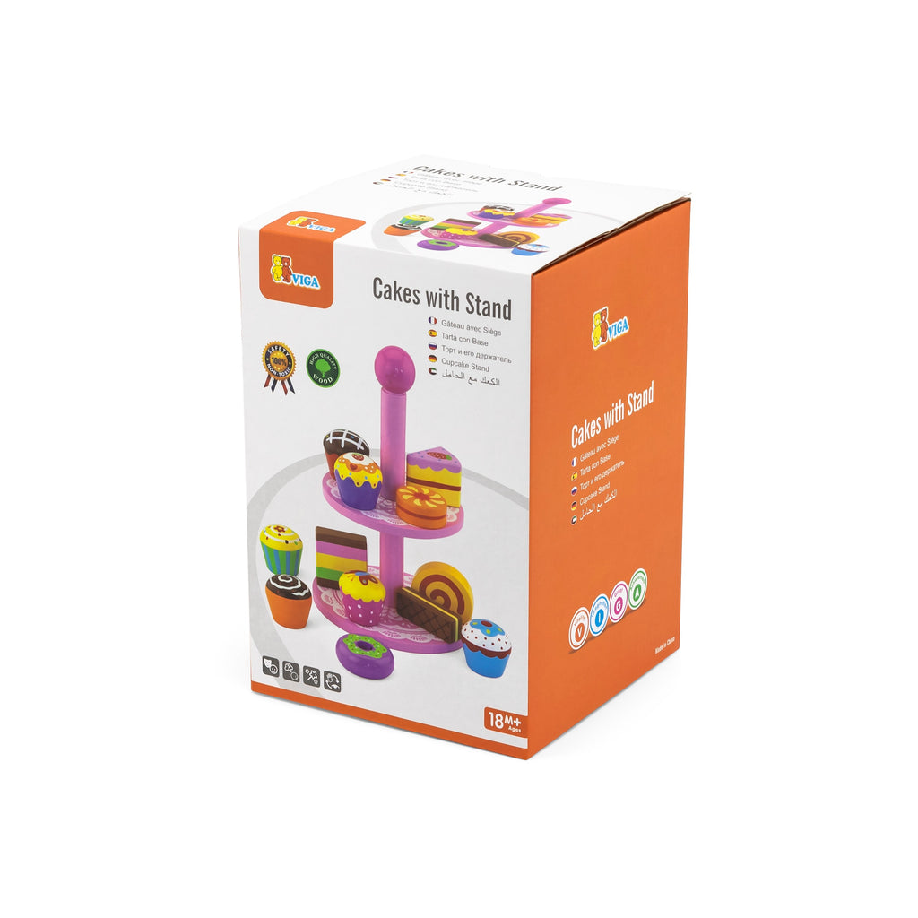 Viga 13-Piece 2-Tier Wooden Cupcake Stand & Dessert Set - Montessori Tea Party Toy