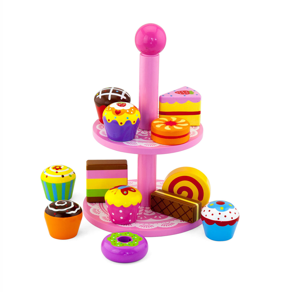 Viga 13-Piece 2-Tier Wooden Cupcake Stand & Dessert Set - Montessori Tea Party Toy