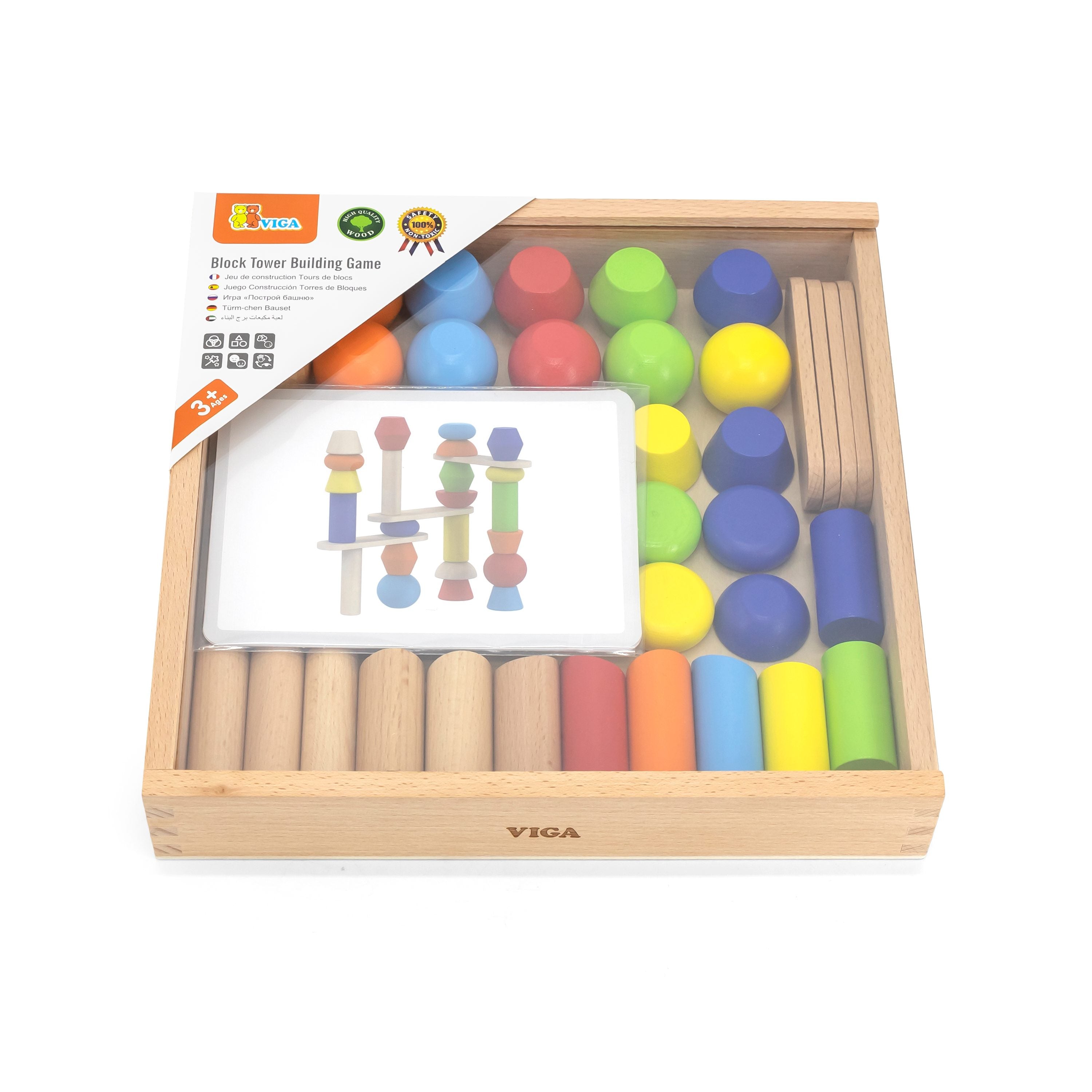 Viga Geometric Stacking Tower - 53pc Balancing & Engineering Set with Beechwood Box