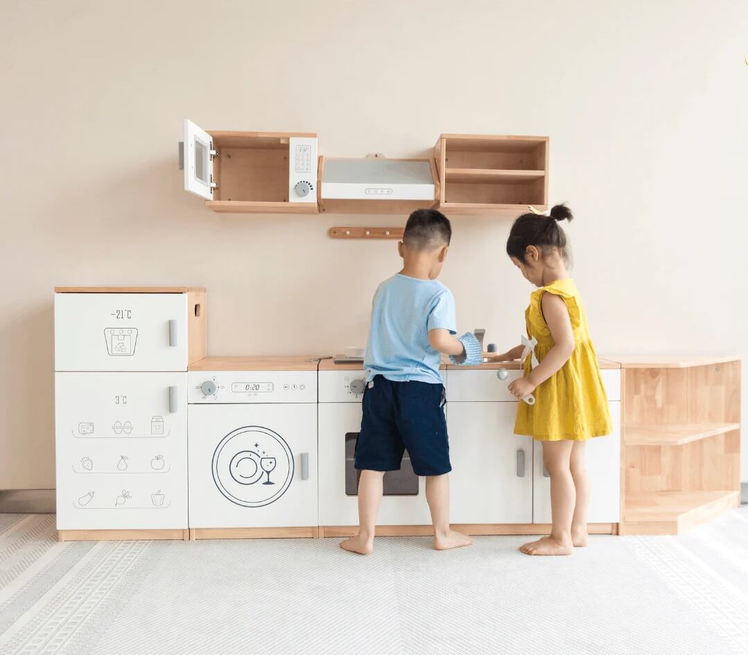 Viga Modern White Wooden Play Refrigerator - 79cm Rubberwood Double Door Fridge
