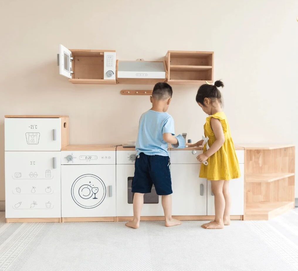 Viga Modern White Wooden Play Refrigerator - 79cm Rubberwood Double Door Fridge